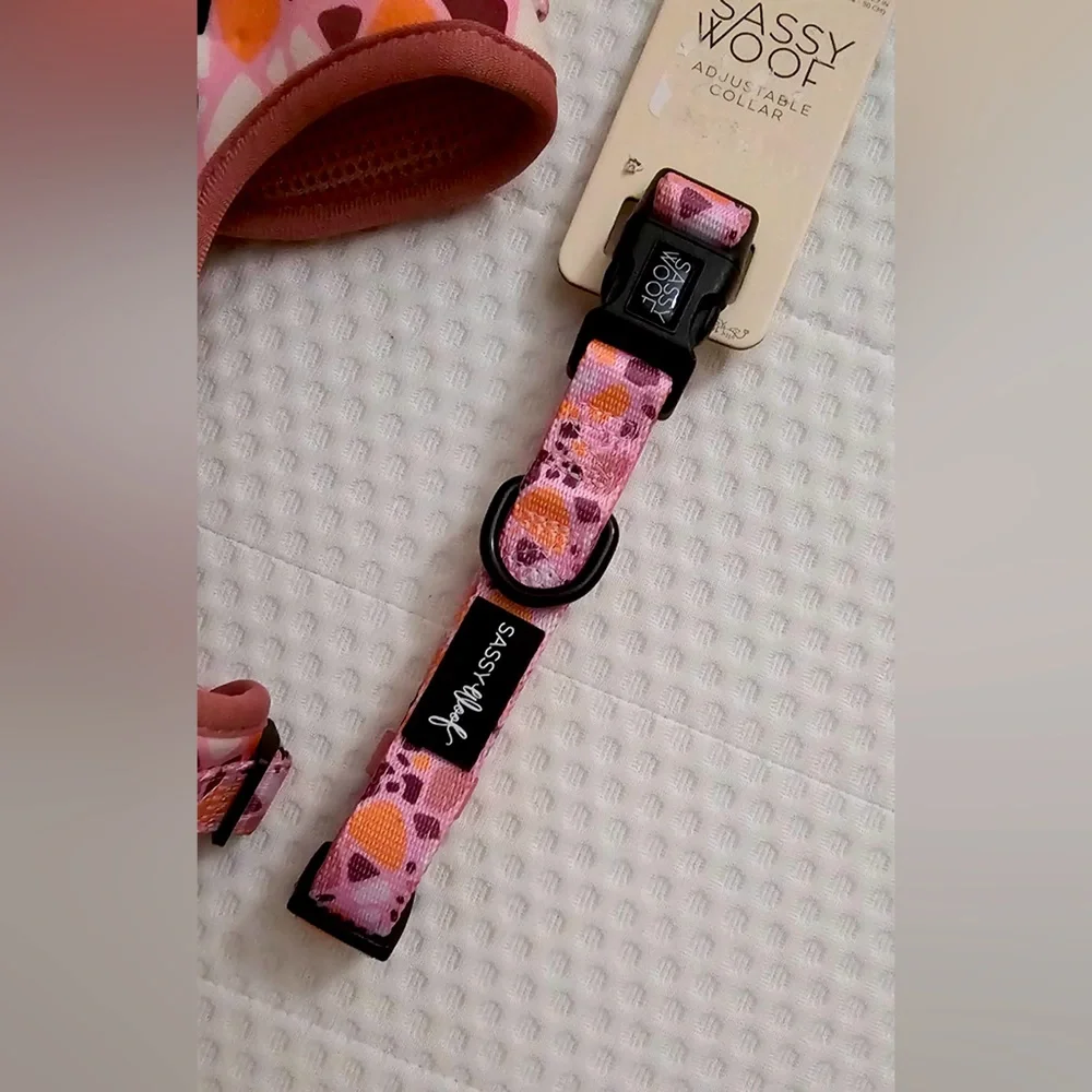 Size SMALL Sassy Woof Pink Mosaic Dog Harness, Collar & Leash Set